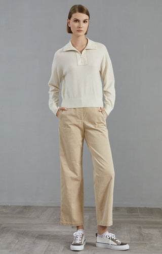 White cashmere half-zip sweater with pullover fit, ribbed hem and cuffs
