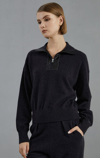 Graphite gray cashmere half-zip sweater with quarter-zip collar and long sleeves