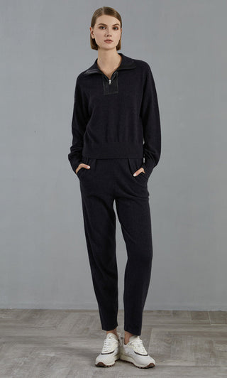 Graphite gray cashmere half-zip sweater with ribbed cuffs and hem, long sleeve pullover