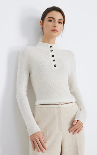 White cashmere-blend mock neck button-up sweater, long sleeves with front buttons