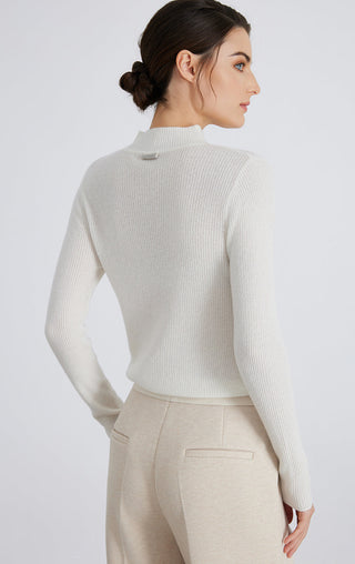 White mock neck button-up sweater, back/side view, ribbed knit long sleeves