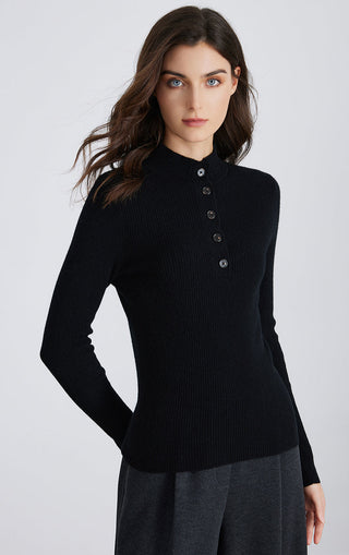 Black cashmere-blend mock neck button-up sweater, long sleeves with front buttons