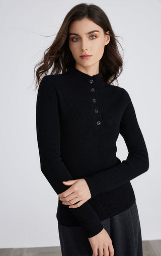 Black mock neck button-up knit sweater with long sleeves and five front buttons
