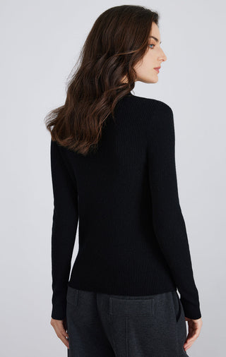 Black mock neck button-up sweater, side view, long sleeves and fitted knit body