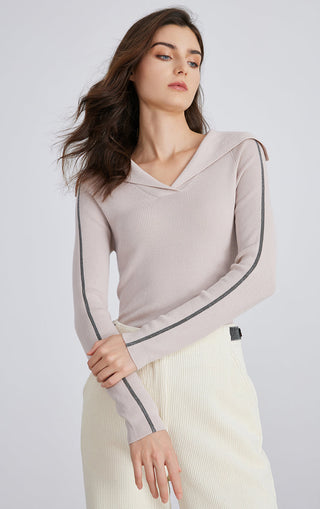 Pale taupe hoodie-style ribbed knit top with sailor neck and contrast sleeve stripe