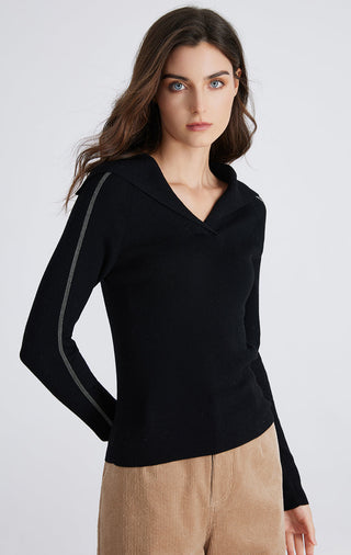 Black ribbed knit sailor-neck top with contrast stripe along sleeves