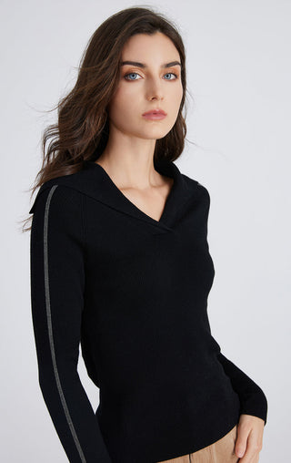 Black ribbed knit sailor-neck top, contrast trim stripe on sleeves