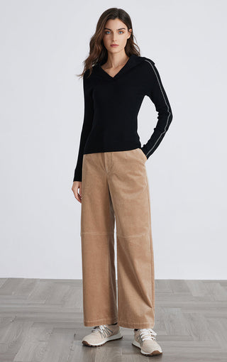 Black ribbed knit sailor-neck top with contrast trim stripes on sleeves