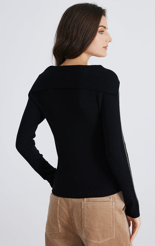 Back view: black ribbed knit sailor-neck top with contrast stripe trim