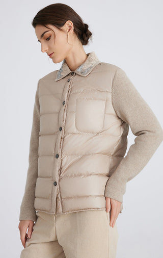 Camel puffer down jacket with quilted body and knit sleeves, front buttoned look