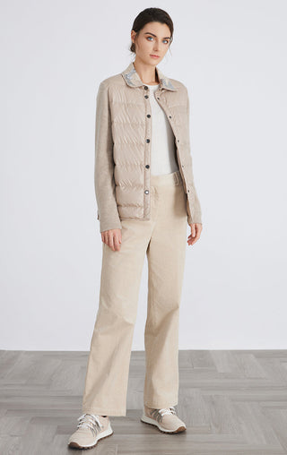 Camel cashmere knit-sleeve quilted down jacket with embroidered collar, full outfit view