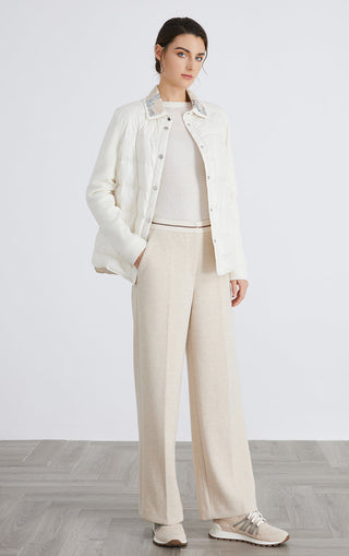White cashmere knit-sleeve quilted down jacket with embroidered collar, button front