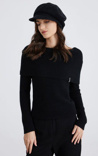 Black off-shoulder cashmere ribbed sweater, boat neckline detail, long sleeves