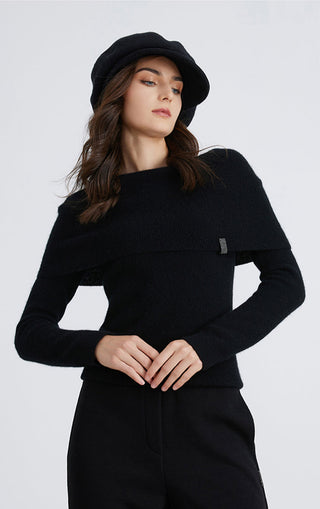 Black cashmere sweater with off-shoulder ribbed bodice and long sleeves