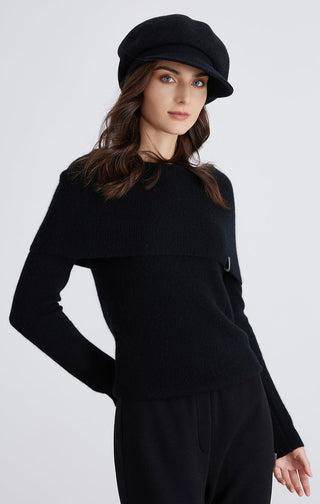 Black cashmere off-shoulder ribbed sweater with long sleeves, relaxed fit