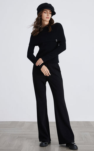 Black cashmere off-shoulder ribbed sweater, front view with dropped neckline