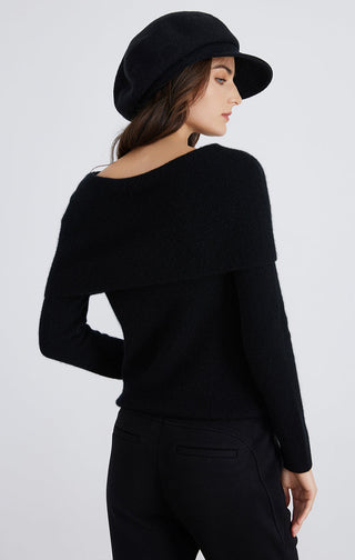 Black off-shoulder cashmere ribbed sweater side view, long sleeves