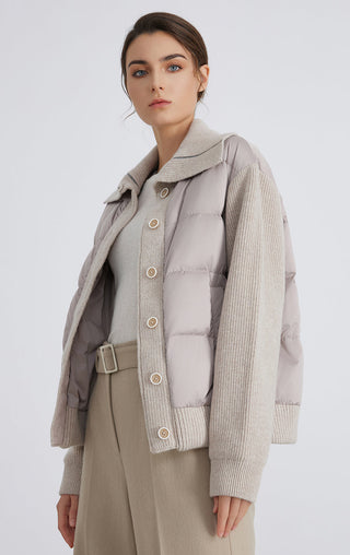 Camel down-filled front vest panel with knit sleeves and snap button detailing