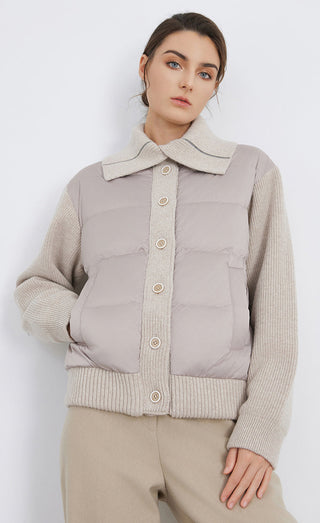 Camel knit-sleeve hybrid down jacket with stand collar and snap button placket