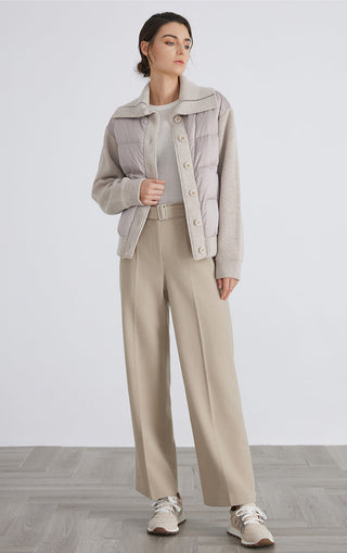Camel hybrid down knit jacket with stand collar, snap buttons, and ribbed cuffs