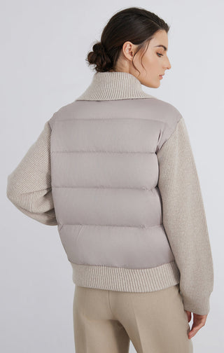 Camel hybrid down jacket back view with quilted puffer panels and ribbed hem