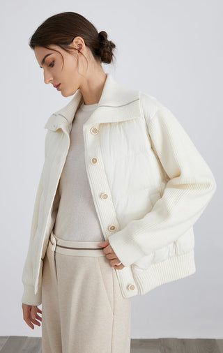 White hybrid down knit jacket with stand collar and snap button placket