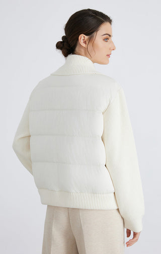 White hybrid down jacket back view with quilted puffer panels and ribbed hem