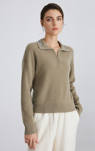Olive taupe cashmere half-zip knit sweater with raised collar and zip detail