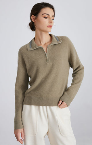 Olive taupe half-zip cashmere sweater, ribbed cuffs and hem, collar zip front