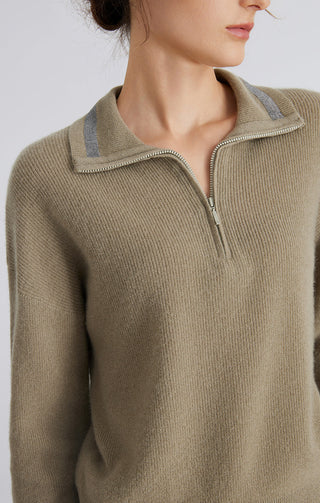 Olive taupe knit half-zip sweater close-up of collar and zip with trim