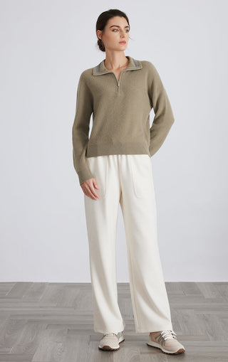Olive taupe cashmere half-zip sweater with high collar and fine ribbed knit texture