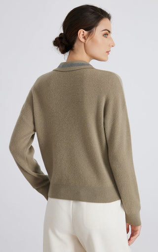 Olive taupe half-zip cashmere knit sweater back view, ribbed collar and cuffs