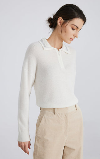 White cashmere half-zip knit sweater with ribbed cuffs and collar zip detail