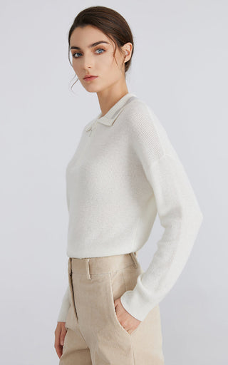 White half-zip cashmere sweater side view, ribbed collar and sleeve cuff
