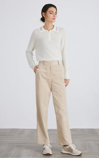 White cashmere half-zip knit sweater front view with stand collar and zipper