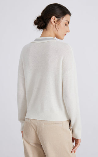 White half-zip cashmere sweater back view, ribbed neckline and sleeve cuffs