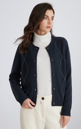 Dark navy wool knit cardigan with diamond accents, button front, ribbed cuffs.