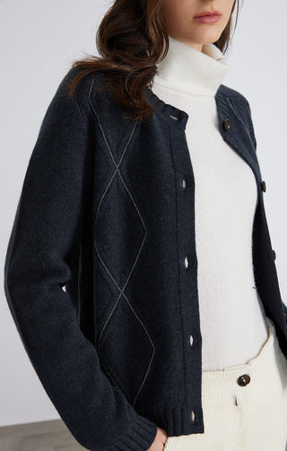 Dark navy wool knit cardigan with diamond linework and button placket detail.