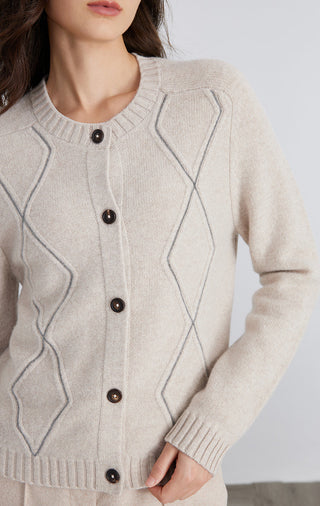 Light beige wool knit cardigan with diamond-line paneling and dark button front.