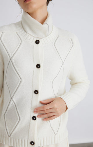 White knit cardigan with mock neck and button placket, diamond line texture