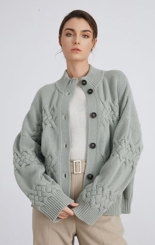 Matcha green cable-knit button cardigan with ribbed stand collar and dark buttons