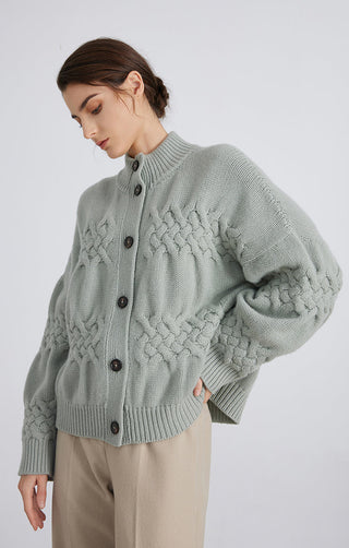 Matcha green wool cardigan with cable-knit front, button placket, and ribbed neckline