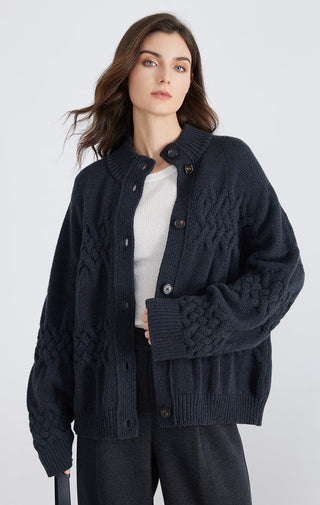 Dark blue cable-knit button cardigan with buttoned placket and ribbed collar