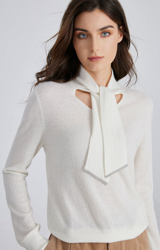 White cashmere V-neck pullover sweater with tie neck detail and long sleeves