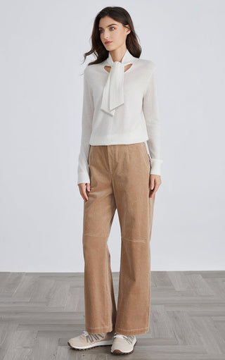 White cashmere V-neck pullover with bow tie neckline and long sleeves, relaxed style