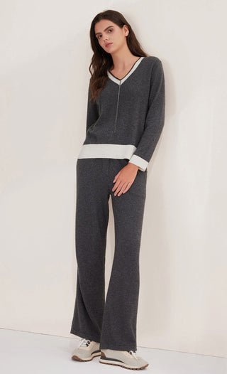 Graphite gray cashmere knit top with V-neck trim and center shimmer chain detail