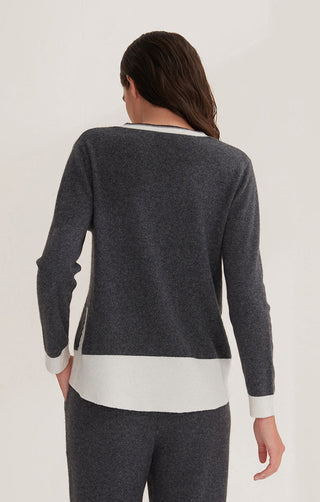 Graphite gray cashmere knit top, back view with white hem band and long sleeves