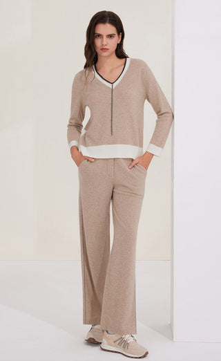 Camel cashmere knit V-neck top with white band hem and center shimmer chain detail