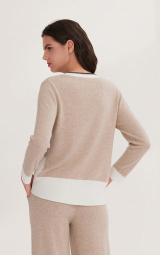 Camel cashmere knit top, back view with white hem band and long sleeves