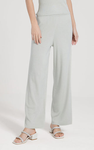 Wool-silk straight-leg pants in light gray, relaxed fit with ankle-length hem